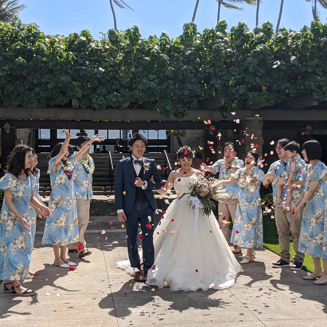 アロハシャツ(かりゆしウエア)ハワイ、沖縄の結婚式にピッタリの2色(スカイブルー、コーラル)