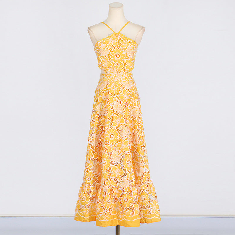 商品No.K0092【購入商品】セクシーなバケーションドレス 夏 パターンプリント ホルターネック ウエストホロウアウト サスペンダードレス レディース