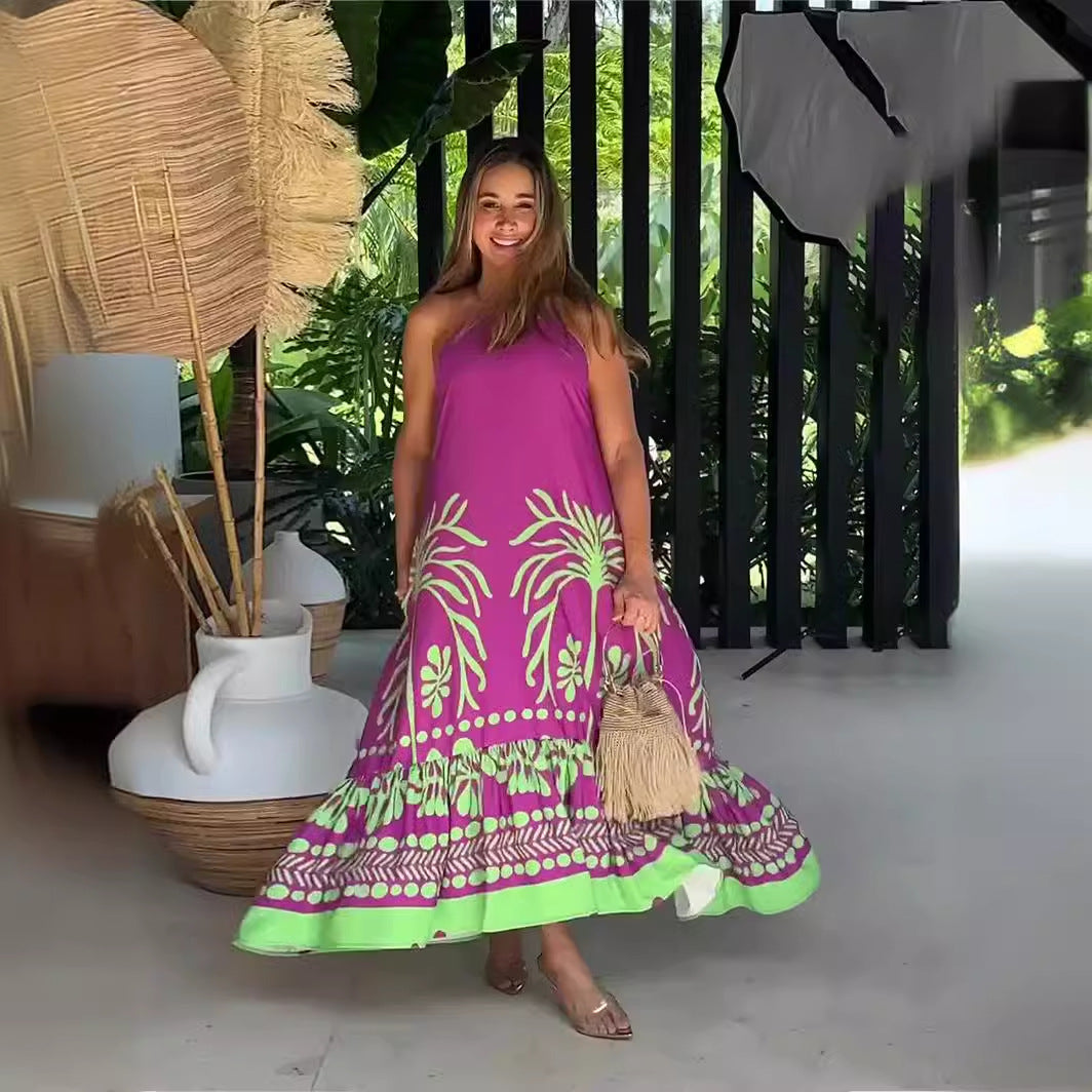 商品No.K0052【購入商品】リゾート ワンピース春用プリント ノースリーブ ルーズフィット ホルタードレス バックレス  レディースドレス