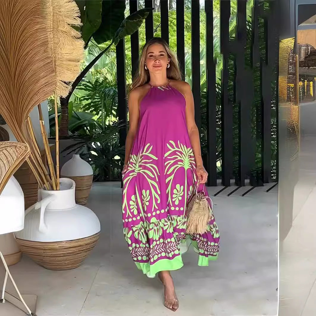 商品No.K0052【購入商品】リゾート ワンピース春用プリント ノースリーブ ルーズフィット ホルタードレス バックレス  レディースドレス