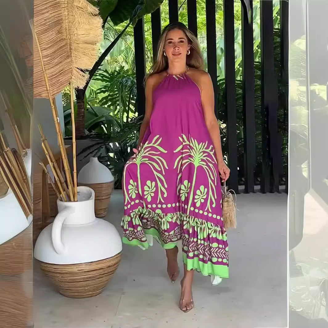 商品No.K0052【購入商品】リゾート ワンピース春用プリント ノースリーブ ルーズフィット ホルタードレス バックレス  レディースドレス