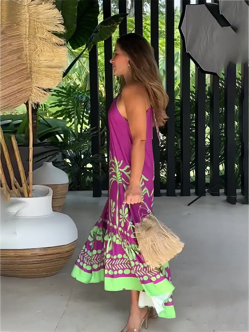 商品No.K0052【購入商品】リゾート ワンピース春用プリント ノースリーブ ルーズフィット ホルタードレス バックレス  レディースドレス