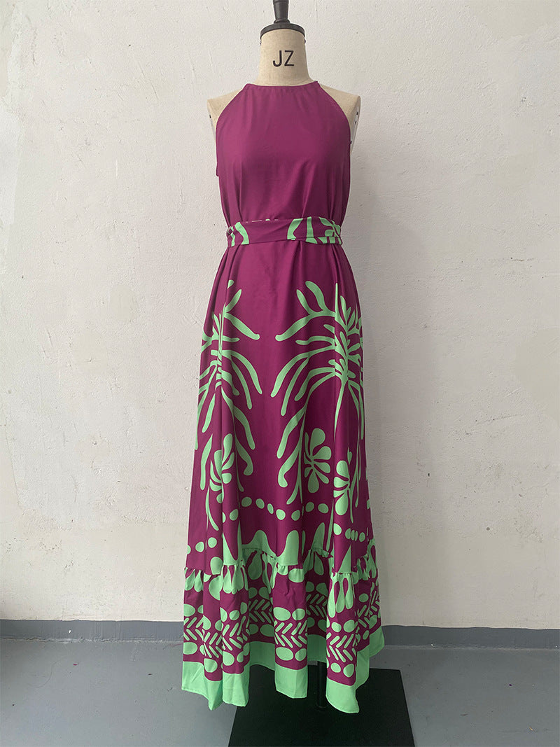 商品No.K0052【購入商品】リゾート ワンピース春用プリント ノースリーブ ルーズフィット ホルタードレス バックレス  レディースドレス