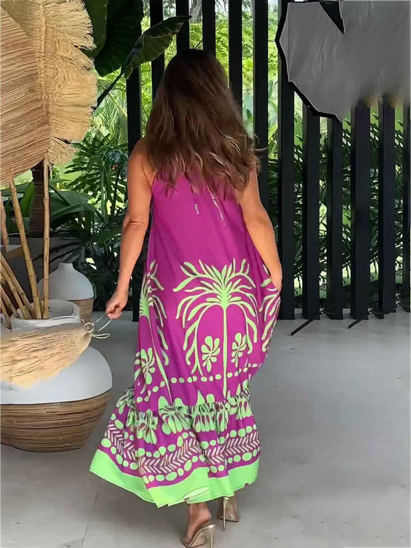 商品No.K0052【購入商品】リゾート ワンピース春用プリント ノースリーブ ルーズフィット ホルタードレス バックレス  レディースドレス