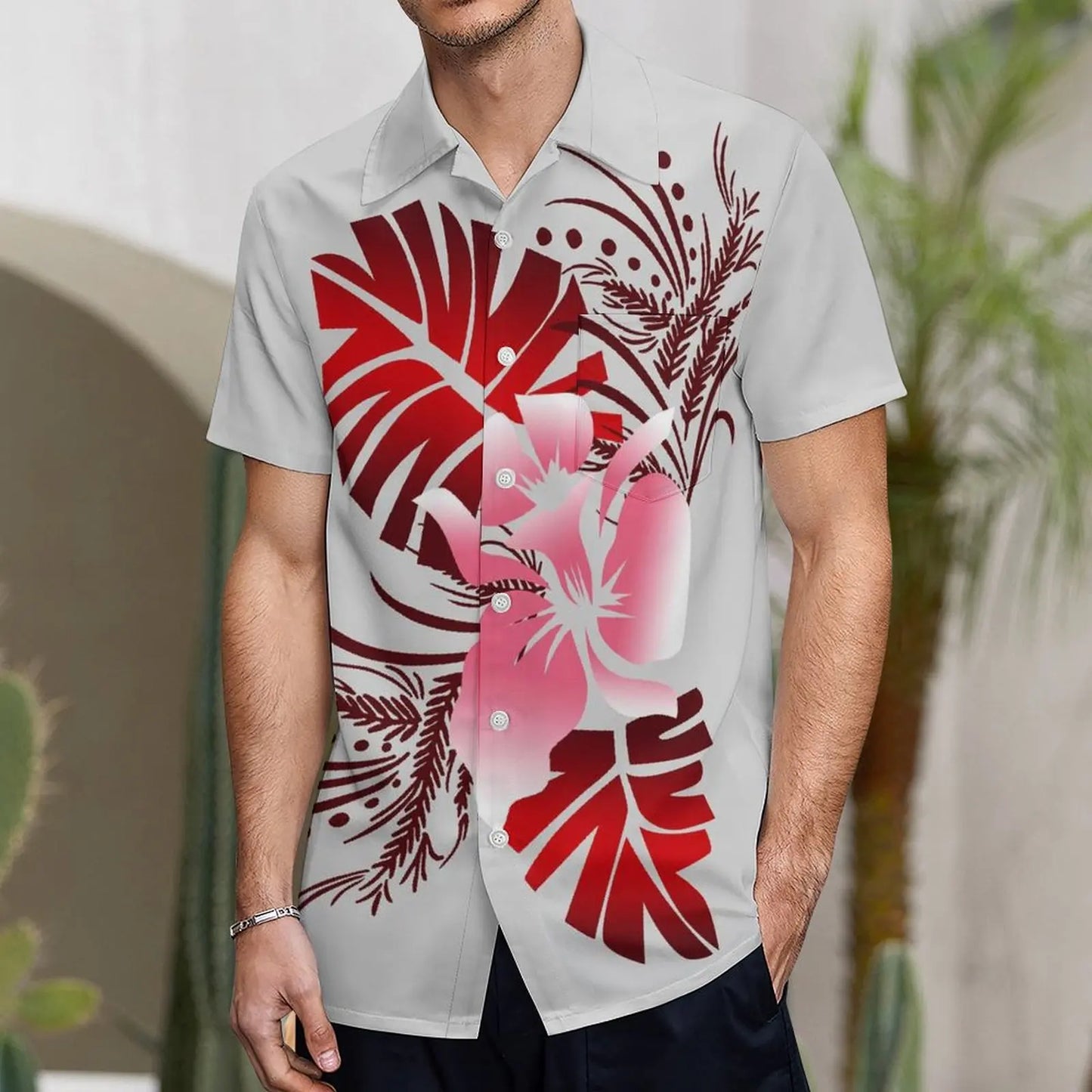 商品No.K0112【購入商品】アロハシャツ ワンピース(メンズ レディース) ペアルック ハワイ 結婚式 沖縄 グァム オーストラリア リゾートドレス 色: ライトグレー×レッド  サイズ:  9XL(10L)まで