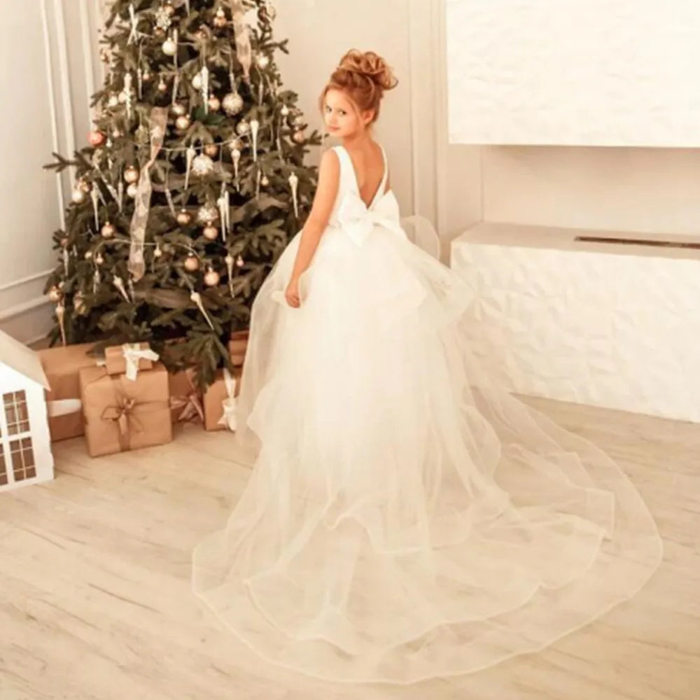 商品No.K00321(購入商品)「フラワーガールドレス - 結婚式やパーティーにぴったり!大きなリボンが可愛いレース&ロングチュールのエレガントドレス」