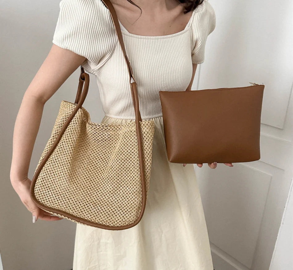 商品No.K0023  ニット生地のハンドバッグ,織りのショルダーバッグ,透かし彫り,質感,夏のビーチバッグ,小さな財布,ハワイ,沖縄,旅行,結婚式