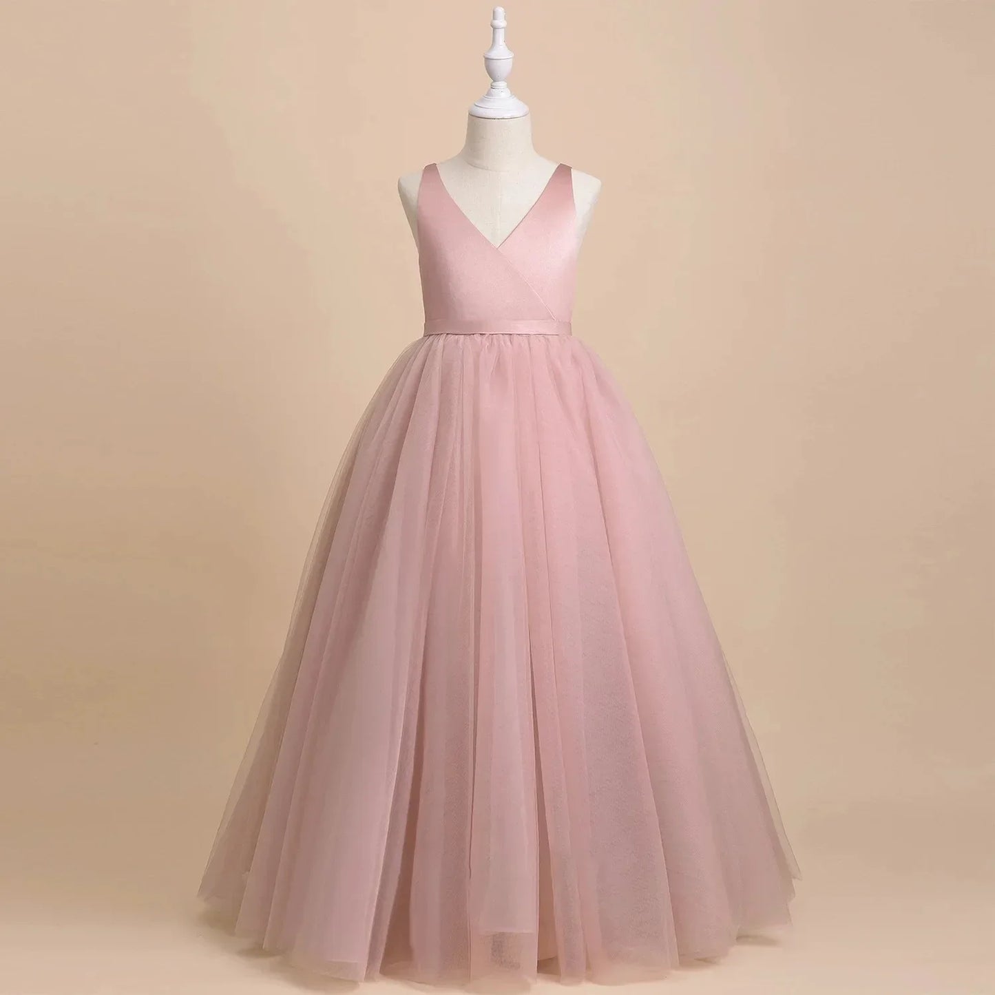商品No.K00320(購入商品)「ベビー・女の子用バースデードレス - 結婚式にぴったりのシャンパンカラー フラワーガウンドレス(リボン付き・プリンセス風・ふんわりシルエット)」