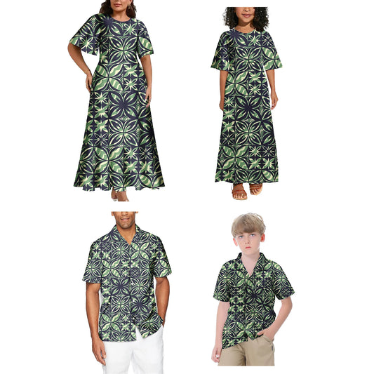 商品No.K0207【購入商品】アロハシャツ 家族(メンズ レディース キッズ) ペアルック ハワイ 結婚式 沖縄 グァム オートラリア リゾートドレス 柄:葉 色:グリーン サイズ:8XL(9L)まで