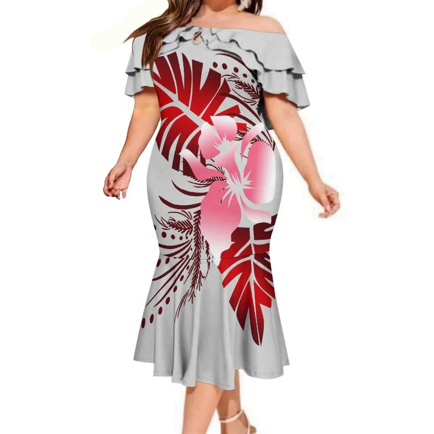 商品No.K0112【購入商品】アロハシャツ ワンピース(メンズ レディース) ペアルック ハワイ 結婚式 沖縄 グァム オーストラリア リゾートドレス 色: ライトグレー×レッド  サイズ:  9XL(10L)まで