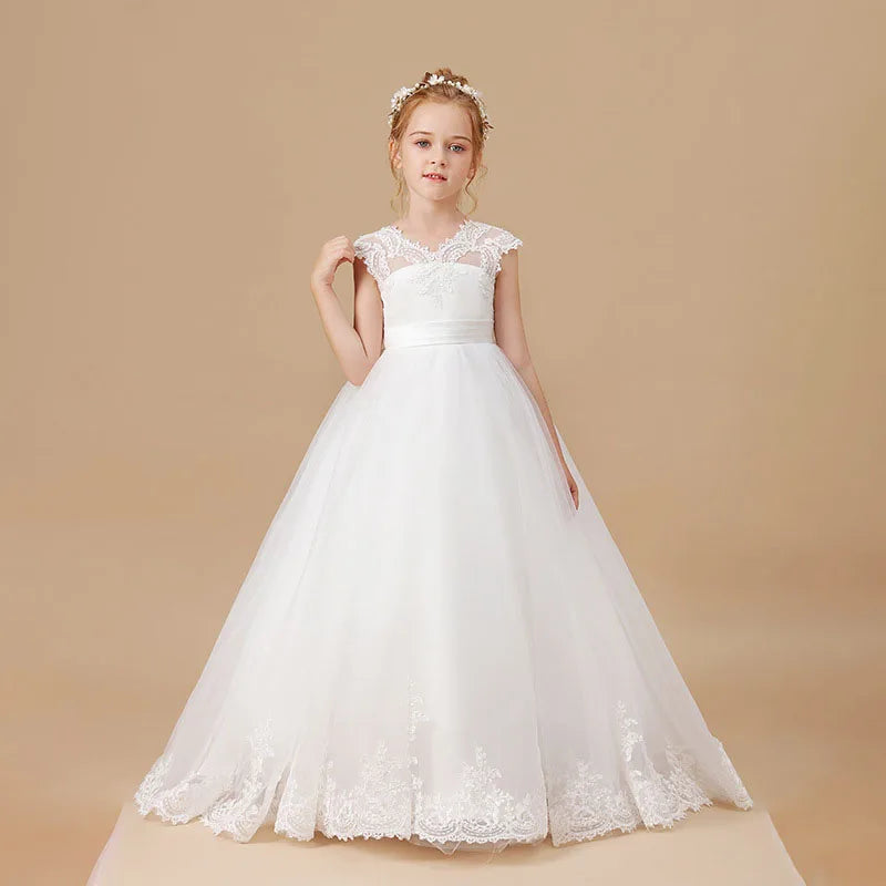 商品No.K00319(購入商品) 「ベビー・キッズ用プリンセスドレス - サテン&レースアップリケが華やかなドレス。結婚式・誕生日・パーティー・ファーストコミュニオンに最適」