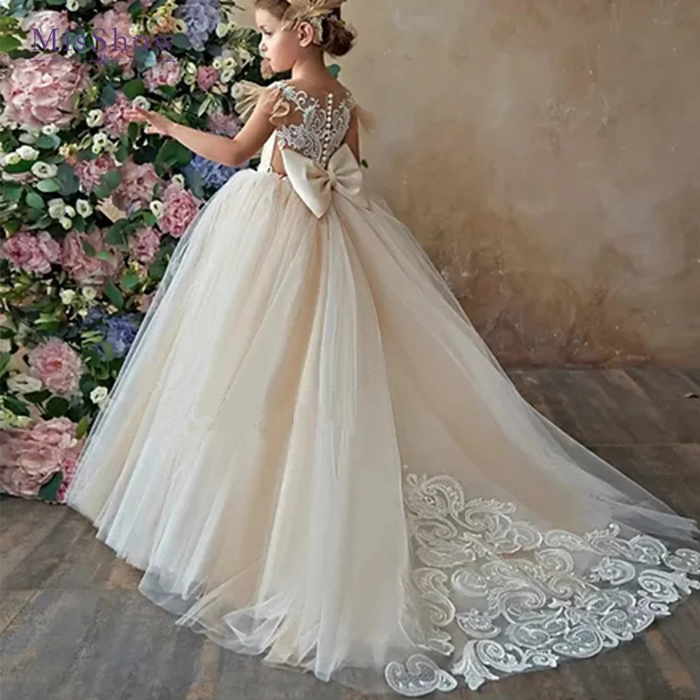 商品No.K00325(購入商品)「フラワーガールドレス - 結婚式にぴったり!リボン付きレースチュールのプリンセスボールガウン」