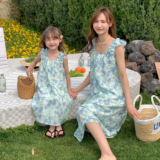 商品No.K0252【購入商品】ワンピース  親子( レディース キッズ) ペアルック ハワイ 結婚式 沖縄 グァム オーストラリア リゾートドレス 色:ブルー サイズ:girl 90~150 ladies S・M