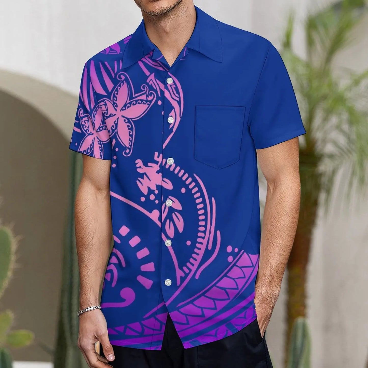 商品No.K0164【購入商品】アロハシャツ ワンピース(メンズ レディース ) ペアルック ハワイ 結婚式 沖縄 グァム オーストラリア リゾートドレス 色: ネイビー×パープル サイズ:9XL(10L)まで