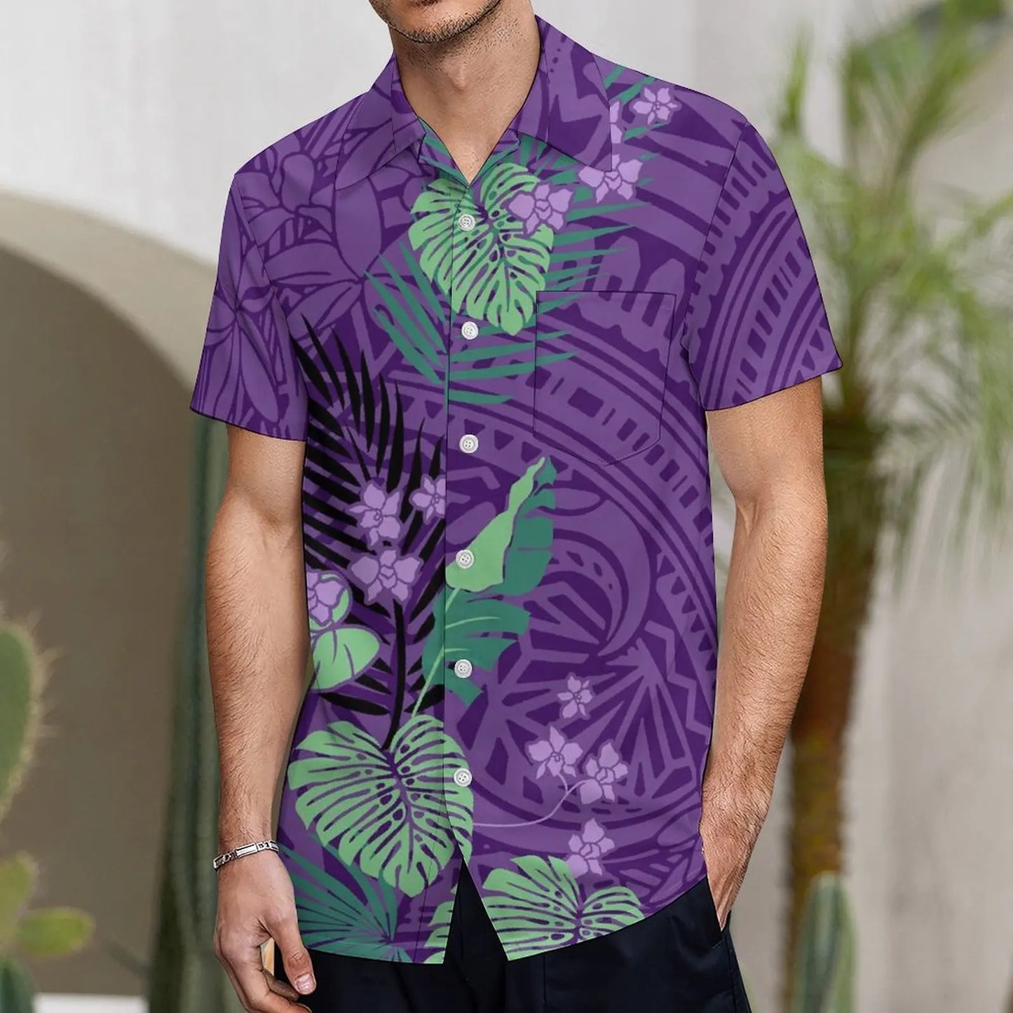 商品No.K0113【購入商品】アロハシャツ ワンピース(メンズ レディース) ペアルック ハワイ 結婚式 沖縄 グァム オーストラリア リゾートドレス 色: パープル×モンステラ  サイズ:  9XL(10L)まで