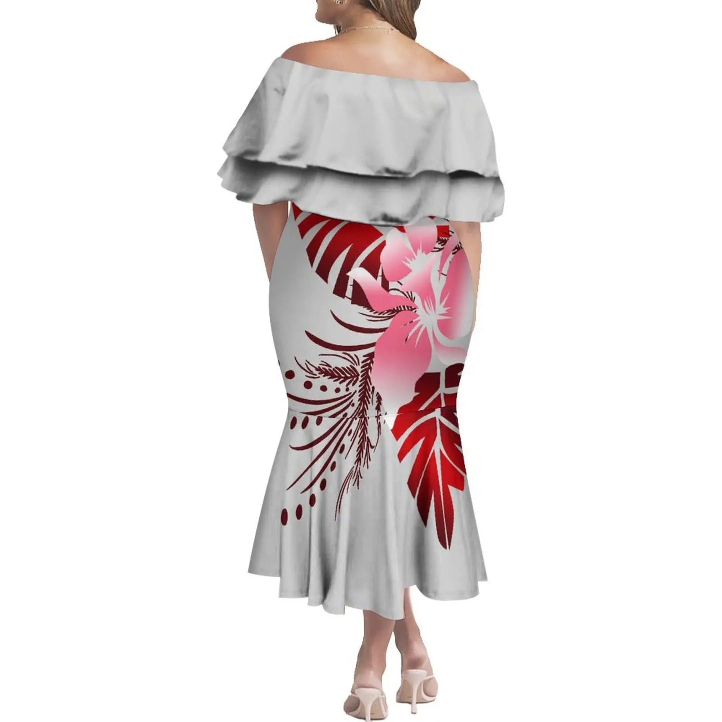 商品No.K0112【購入商品】アロハシャツ ワンピース(メンズ レディース) ペアルック ハワイ 結婚式 沖縄 グァム オーストラリア リゾートドレス 色: ライトグレー×レッド  サイズ:  9XL(10L)まで