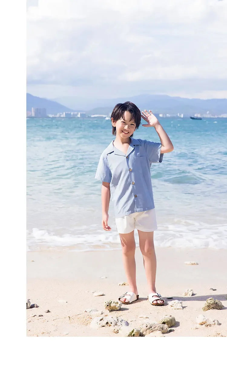 商品No.K0227【購入商品】アロハシャツ 親子(メンズ  キッズ) ペアルック ハワイ 結婚式 沖縄 グァム オーストラリア リゾートシャツ  色:スカイブルー  サイズ: boy  80~160  men's  M~XXXL