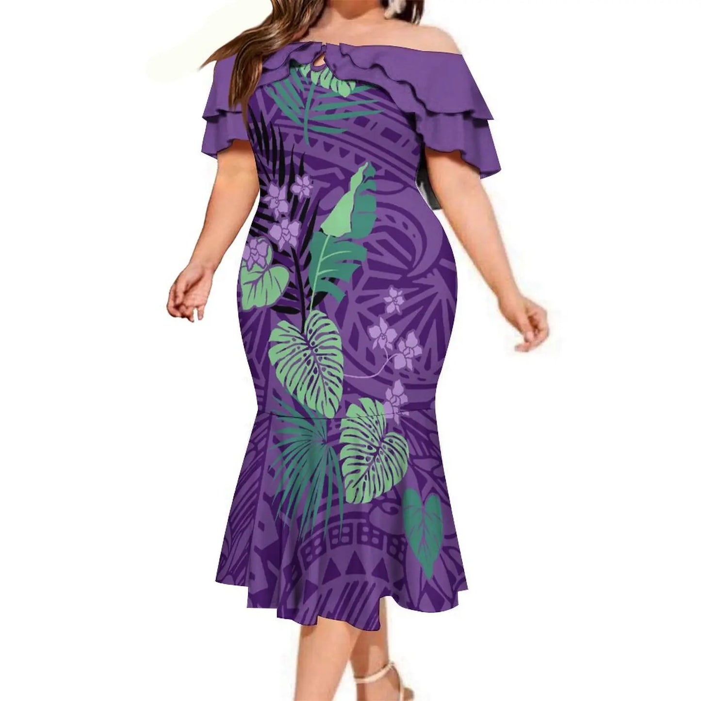 商品No.K0113【購入商品】アロハシャツ ワンピース(メンズ レディース) ペアルック ハワイ 結婚式 沖縄 グァム オーストラリア リゾートドレス 色: パープル×モンステラ  サイズ:  9XL(10L)まで