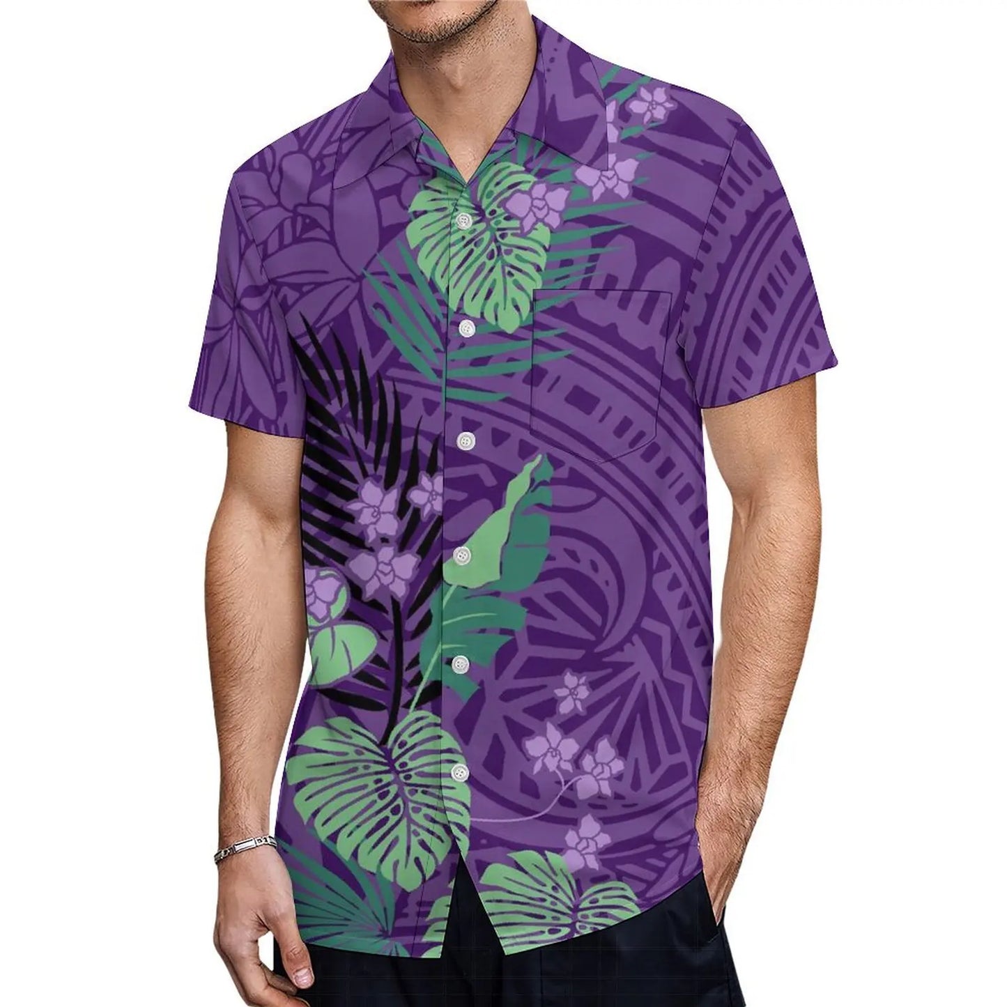 商品No.K0113【購入商品】アロハシャツ ワンピース(メンズ レディース) ペアルック ハワイ 結婚式 沖縄 グァム オーストラリア リゾートドレス 色: パープル×モンステラ  サイズ:  9XL(10L)まで