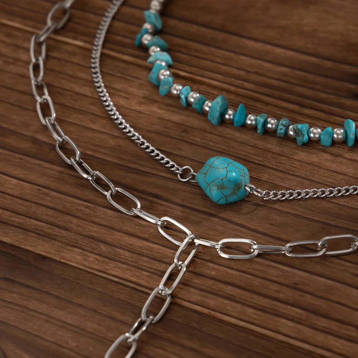 商品No.K0039 ボヘミアンブルーストーンネックレス,シルバーカラーチェーン,ヴィンテージネックレス,幾何学的ペンダント,調節可能な金属製ネックレス,3個セット ハワイ 沖縄 結婚式