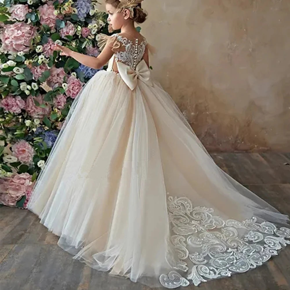 商品No.K00325(購入商品)「フラワーガールドレス - 結婚式にぴったり!リボン付きレースチュールのプリンセスボールガウン」