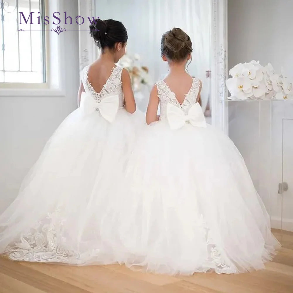 商品No.K00325(購入商品)「フラワーガールドレス - 結婚式にぴったり!リボン付きレースチュールのプリンセスボールガウン」