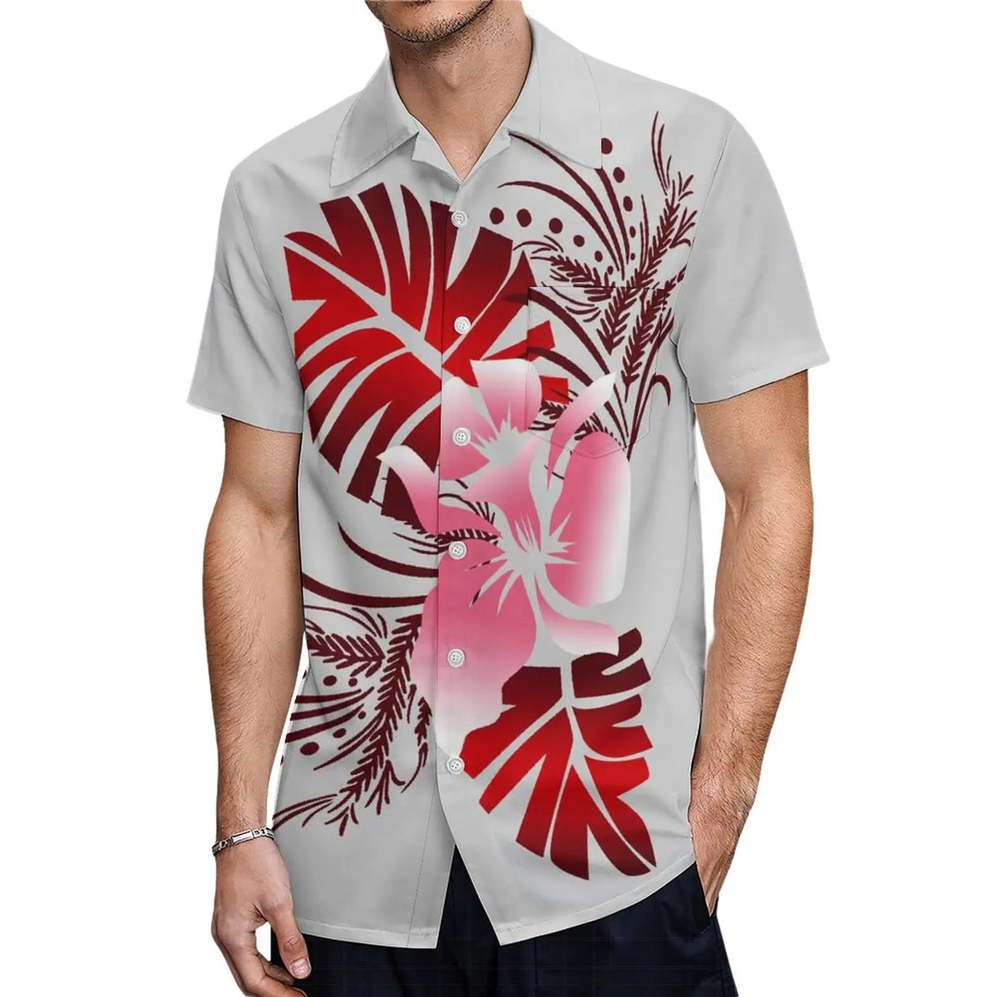 商品No.K0112【購入商品】アロハシャツ ワンピース(メンズ レディース) ペアルック ハワイ 結婚式 沖縄 グァム オーストラリア リゾートドレス 色: ライトグレー×レッド  サイズ:  9XL(10L)まで