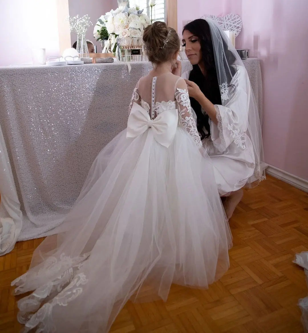 商品No.K00321(購入商品)「フラワーガールドレス - 結婚式やパーティーにぴったり!大きなリボンが可愛いレース&ロングチュールのエレガントドレス」