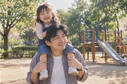 日曜日の公園で、お父さんに肩車してもらう