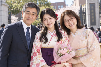 大学の卒業式の家族3人