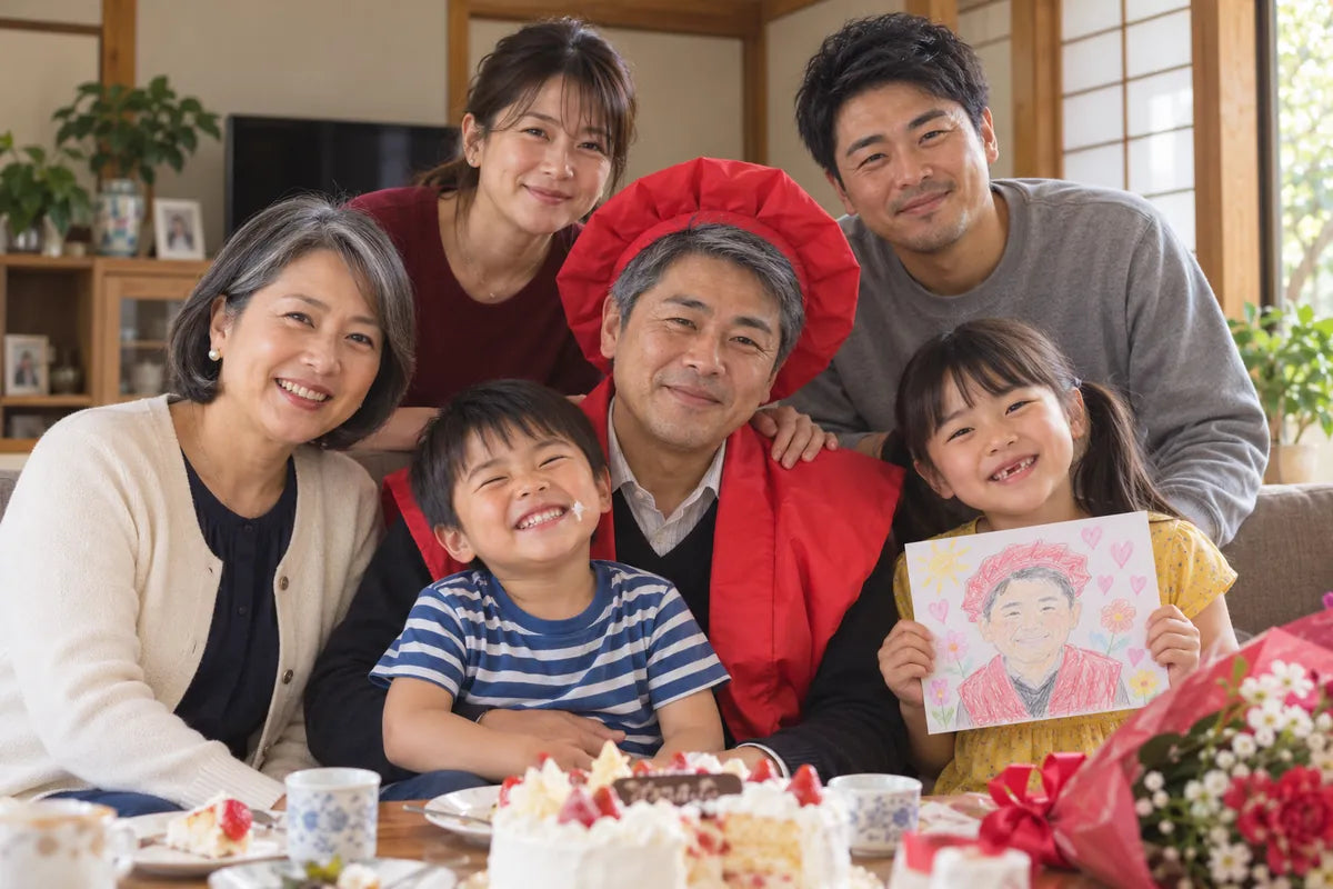 還暦のお祝いの日の家族写真（見本）