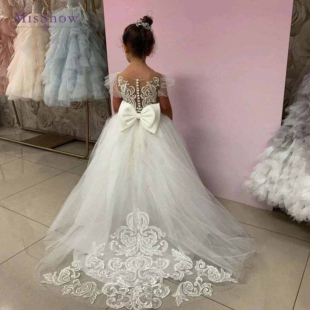 商品No.K00325(購入商品)「フラワーガールドレス － 結婚式にぴったり！リボン付きレースチュールのプリンセスボールガウン」
