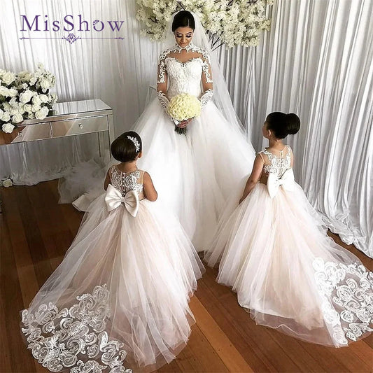 商品No.K00325(購入商品)「フラワーガールドレス － 結婚式にぴったり！リボン付きレースチュールのプリンセスボールガウン」
